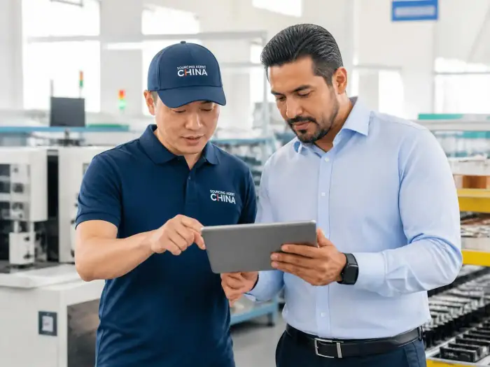 Dos personas revisando datos de producción en una tablet dentro de una fábrica