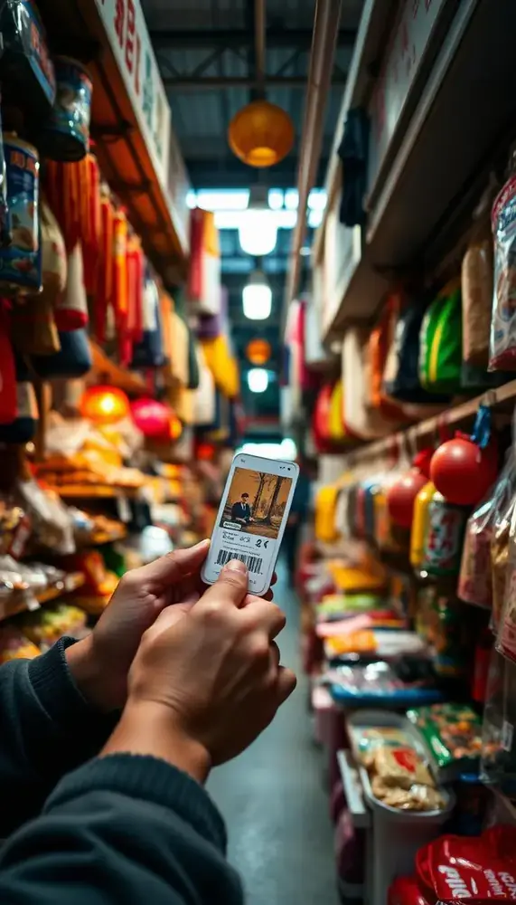 Comprador revisando productos en su teléfono dentro de un mercado mayorista en Yiwu