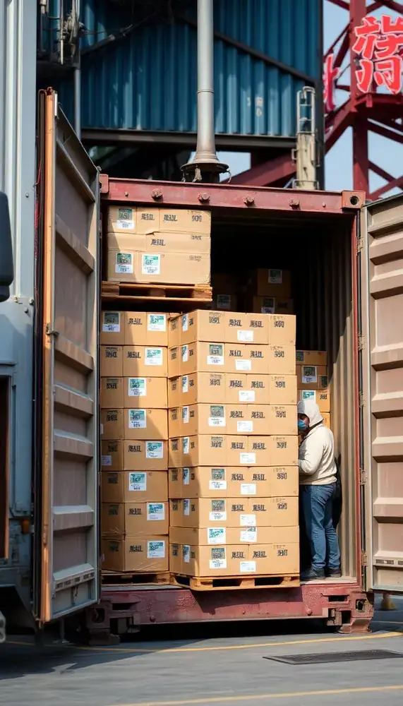 Contenedor marítimo cargándose con pallets de cajas en un patio en China